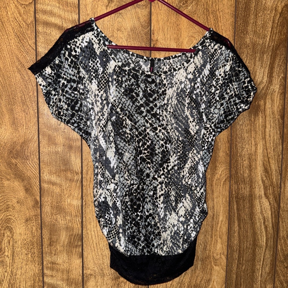 Candy Rain Snake Print Lace Trim Ruched Blouse Grey Black White Medium USA Made